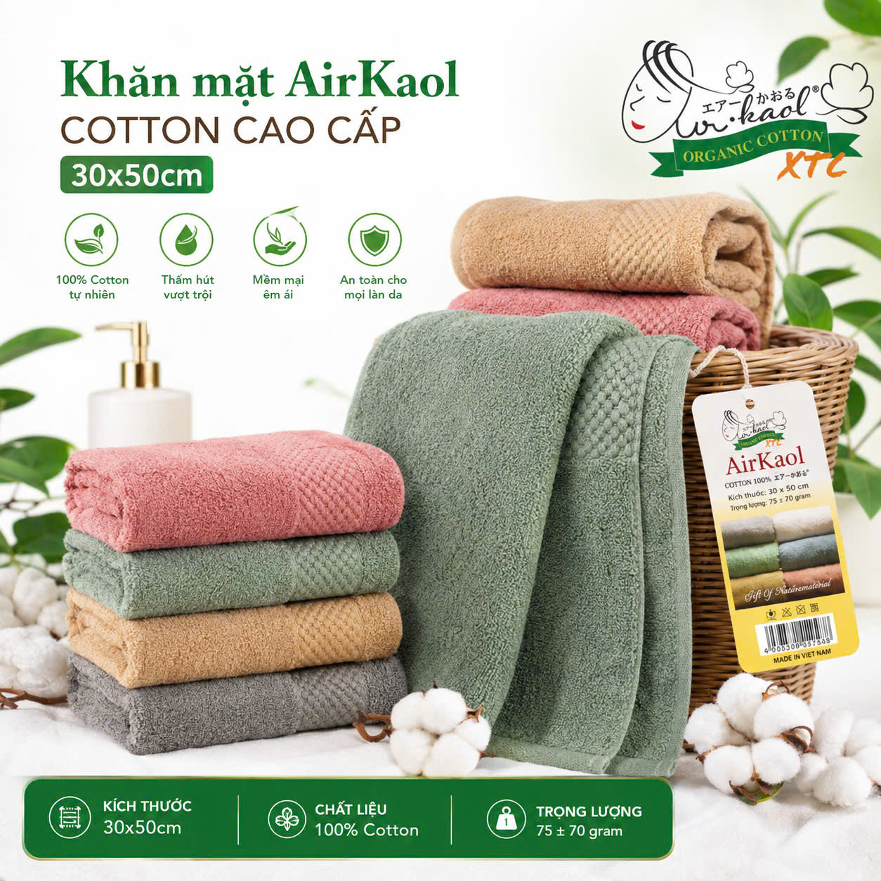 Khăn mặt AirKaol Cotton cao cấp 30-50cm