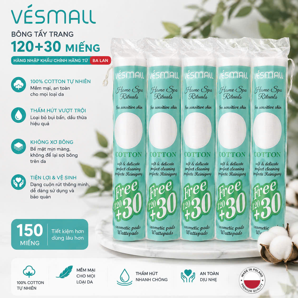 Bông Tẩy Trang Vésmall 120 + 30 Miếng